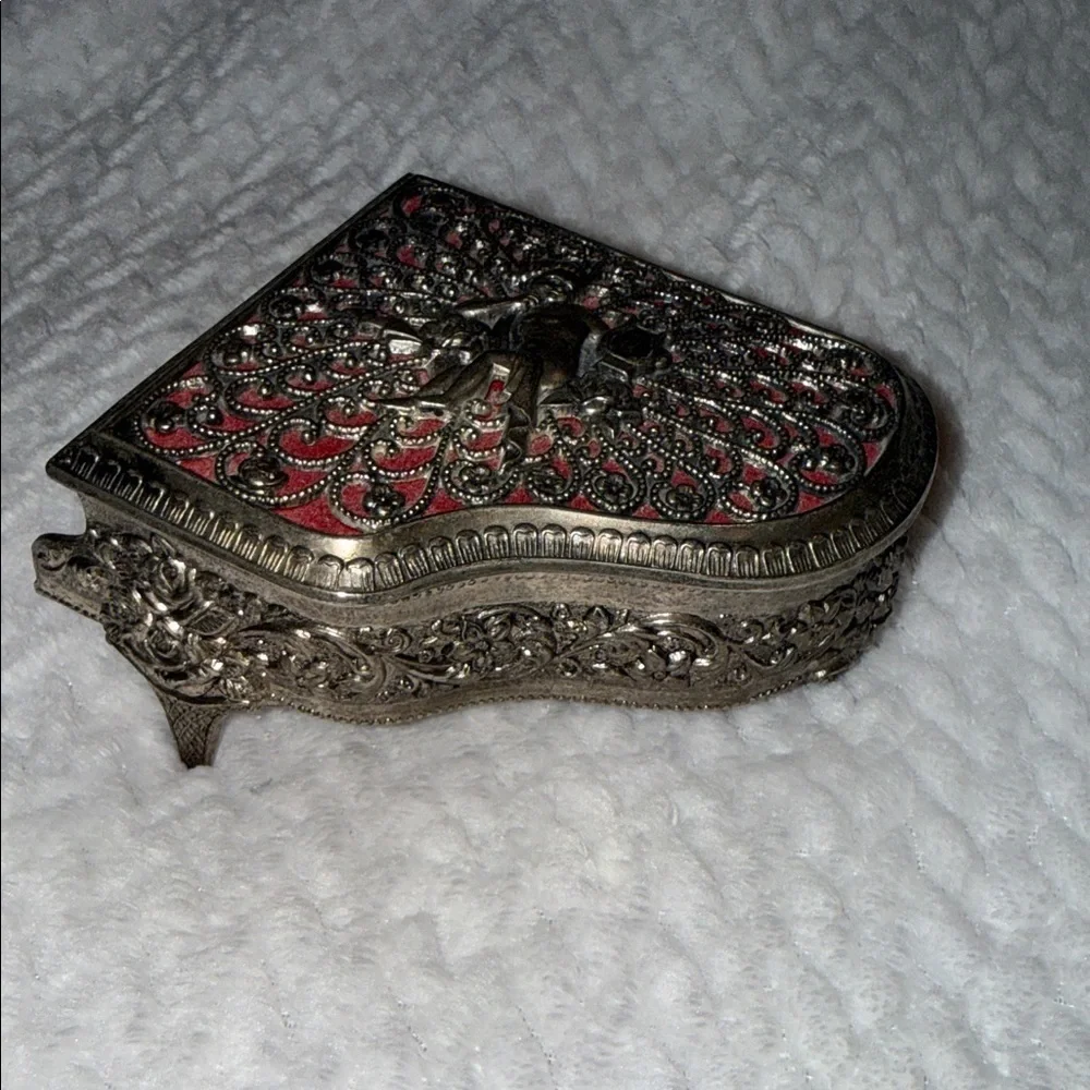 Vintage 1960s Sanko Cherub Music Box Ornate Silver-Tone Box Red Velvet Lining